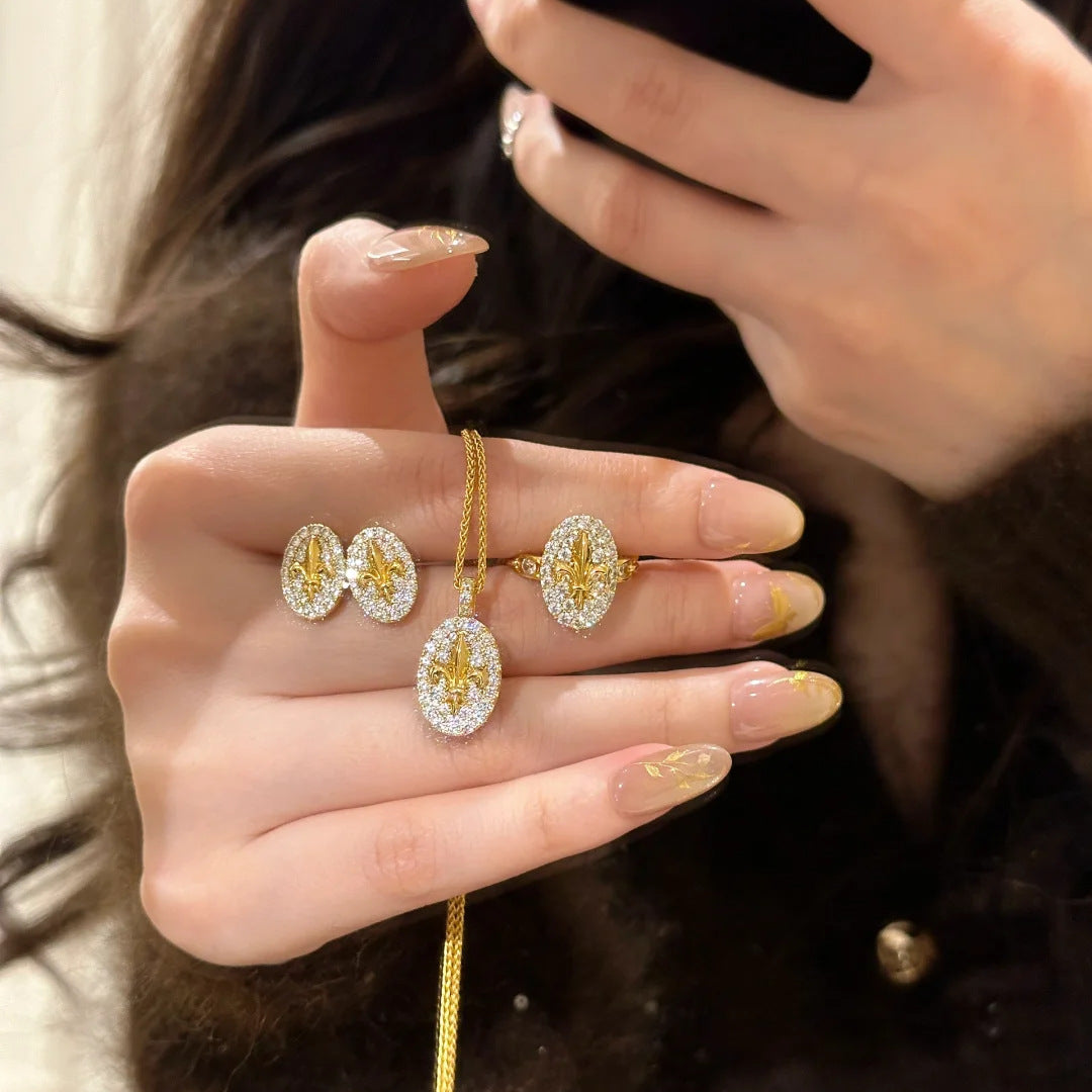 French Retro High-Grade Iris Pendant Necklace Light Luxury Flower Stud Earrings Refined Rhinestone Open Ring