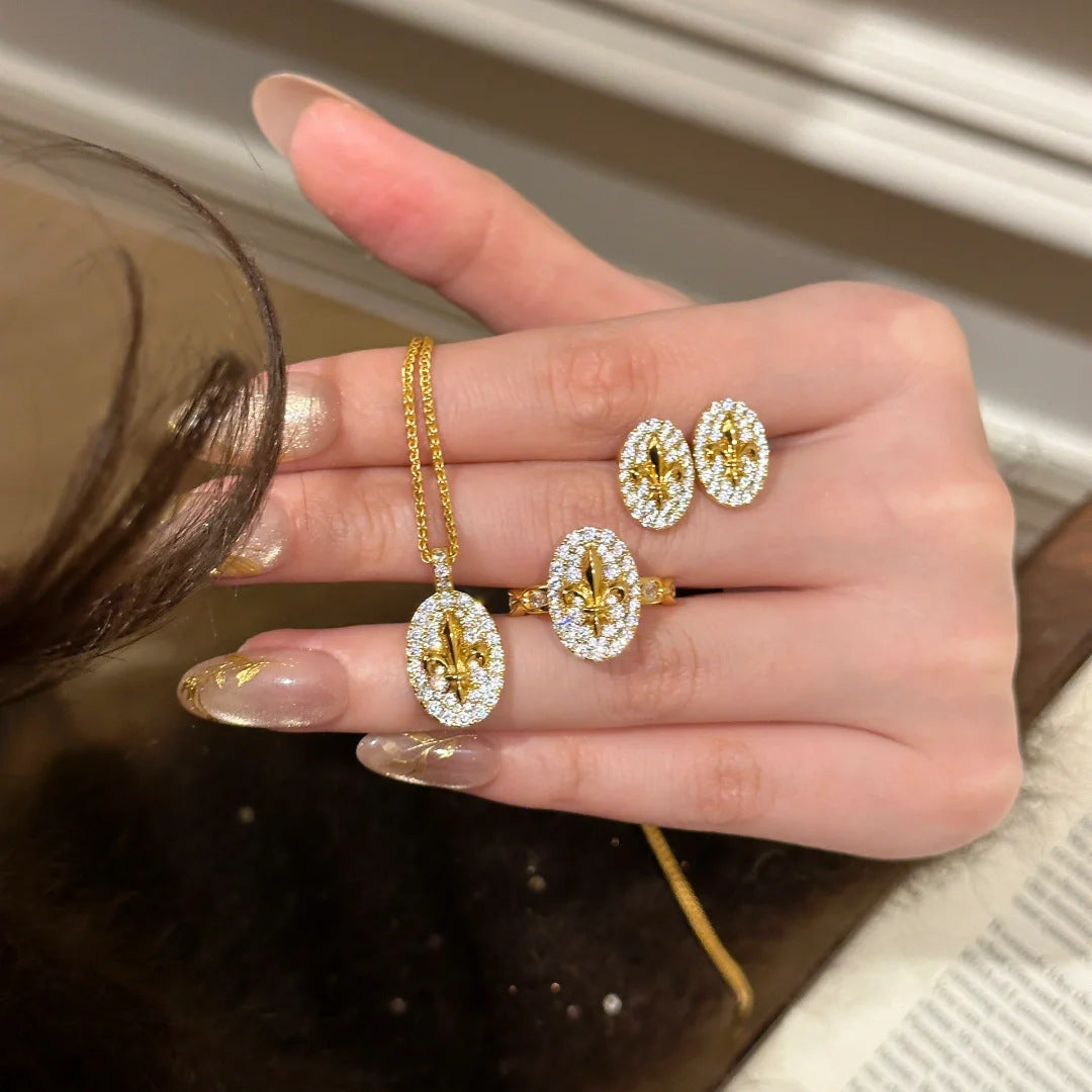 French Retro High-Grade Iris Pendant Necklace Light Luxury Flower Stud Earrings Refined Rhinestone Open Ring