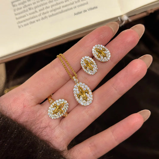 French Retro High-Grade Iris Pendant Necklace Light Luxury Flower Stud Earrings Refined Rhinestone Open Ring