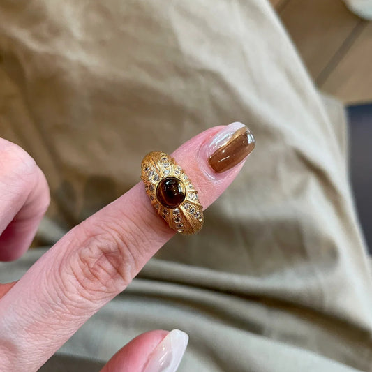 Vintage Brushed Melad Natural Tiger Eye Stone Ring Light Luxury High-end Feel Stackable Super Shiny Micro-inlaid Wide Version Index Finger Ring