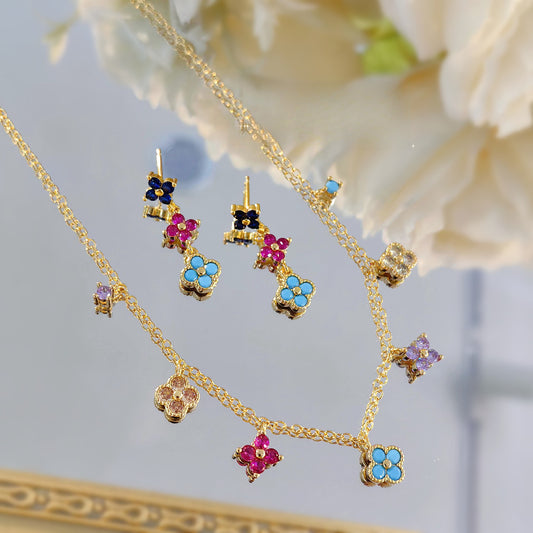 Vintage Dopamine Clover Necklace French Light Luxury Layered Clavicle Chain Colorful Earrings with Diamonds Bracelet Set for Women