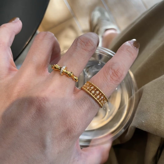 Vintage Brushed Ring Retro Full Diamond Elegant High-end Light Luxury Beaded Lace Bamboo Joint Ring for Women