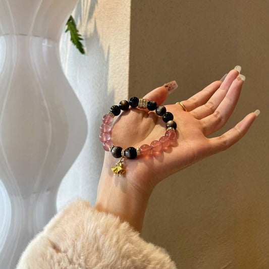 Crystal Bracelet Black Silver Obsidian Double Strawberry Quartz