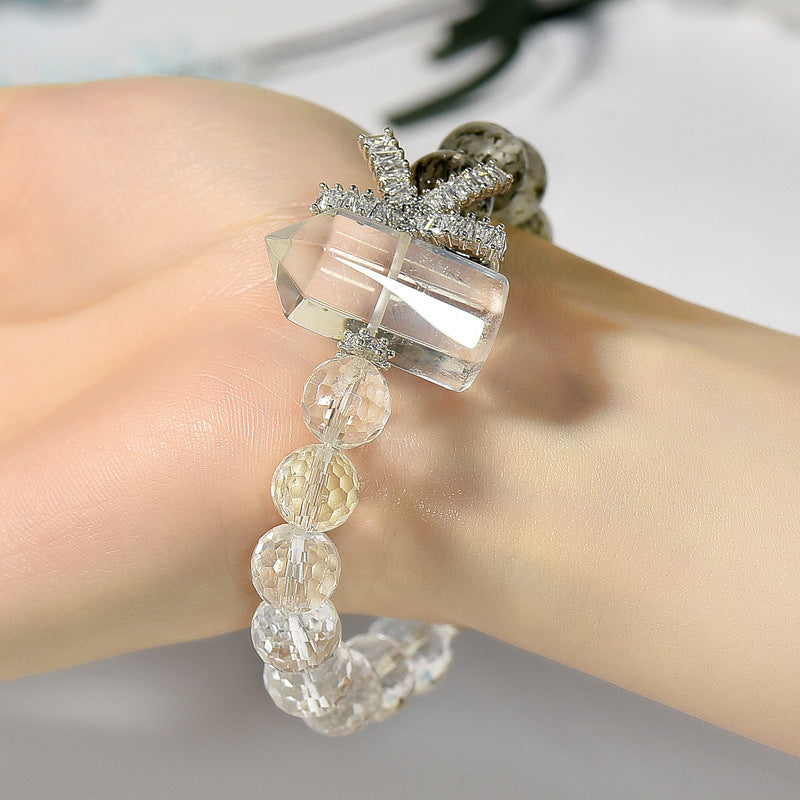 Black Strawberry Crystal Bracelet Beads Natural White Crystal Faceted Bracelet with Crystal Column Design