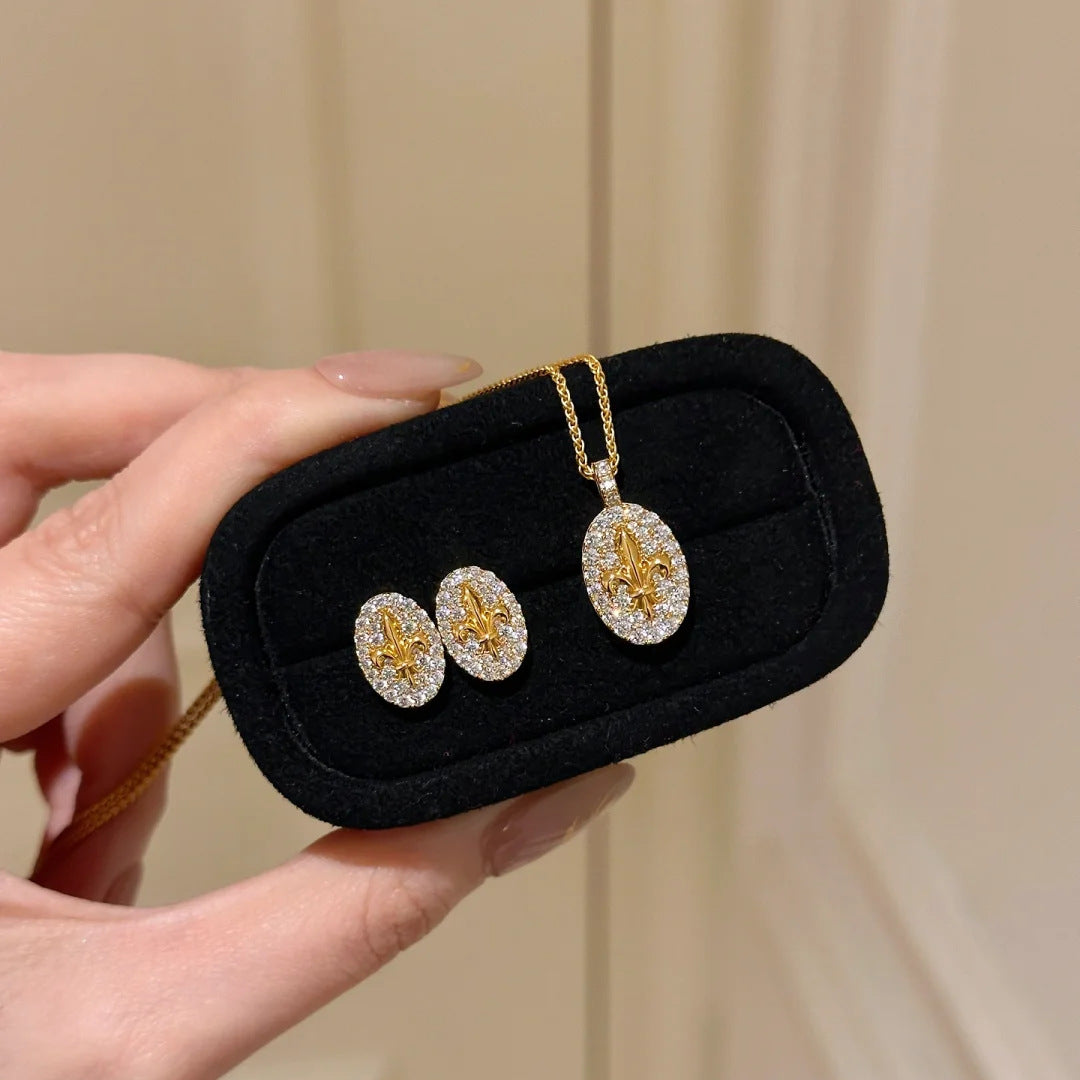 French Retro High-Grade Iris Pendant Necklace Light Luxury Flower Stud Earrings Refined Rhinestone Open Ring