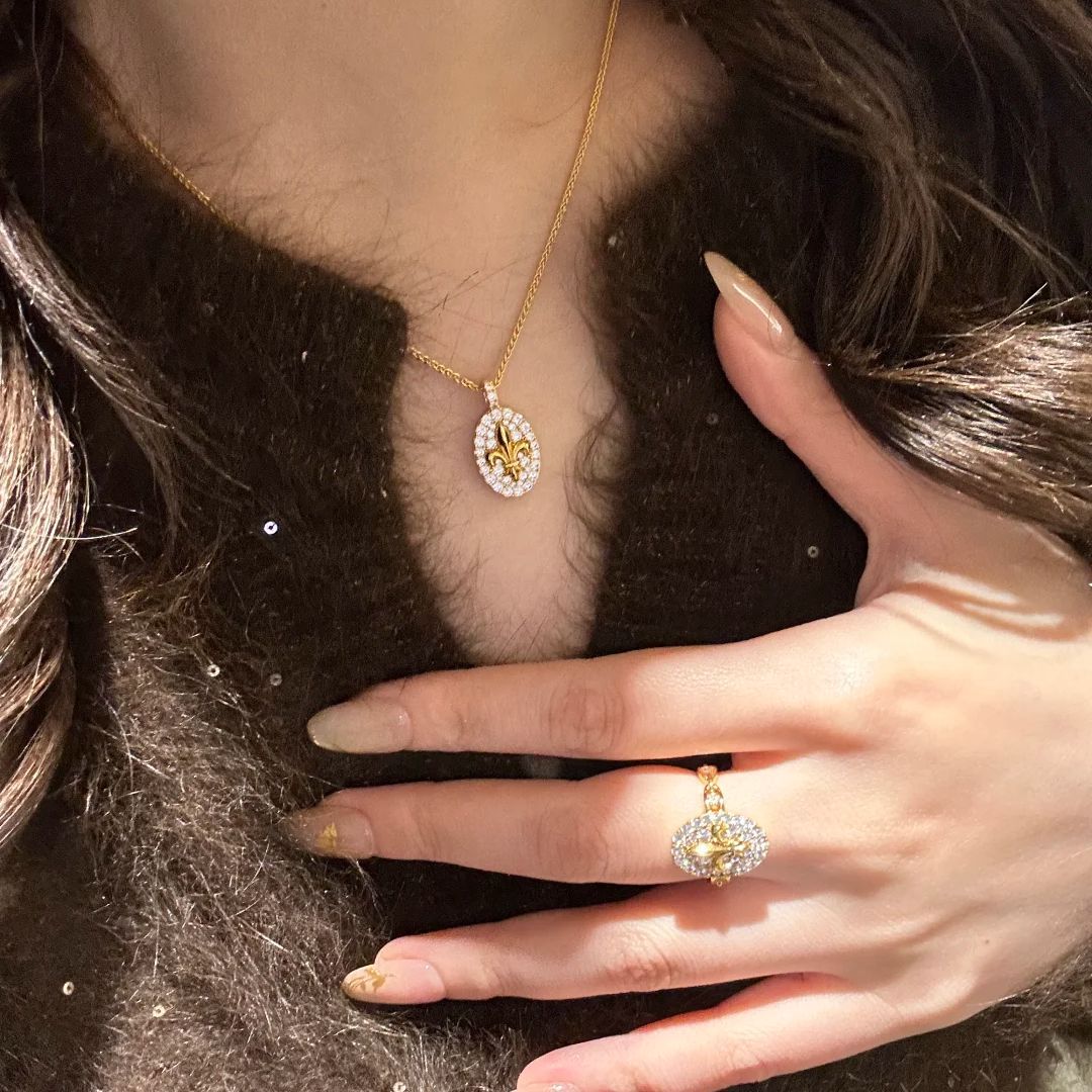 French Retro High-Grade Iris Pendant Necklace Light Luxury Flower Stud Earrings Refined Rhinestone Open Ring