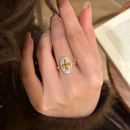 French Retro High-Grade Iris Pendant Necklace Light Luxury Flower Stud Earrings Refined Rhinestone Open Ring