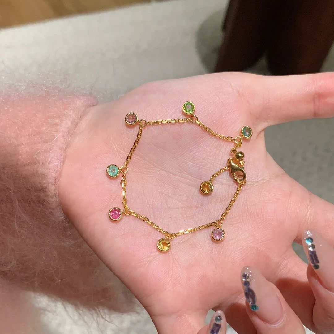 Light Luxury Fashion Rainbow Candy Tourmaline Bracelet Bubble Diamond Falling Colorful Tassel Necklace Dopamine Gemstone Ring