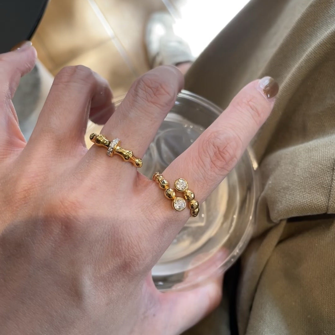 Vintage Brushed Ring Retro Full Diamond Elegant High-end Light Luxury Beaded Lace Bamboo Joint Ring for Women