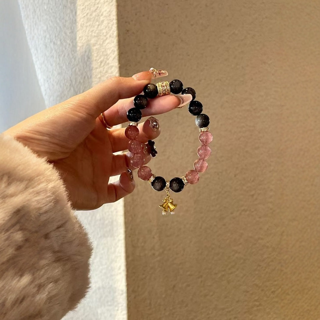 Crystal Bracelet Black Silver Obsidian Double Strawberry Quartz