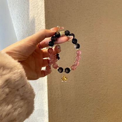 Crystal Bracelet Black Silver Obsidian Double Strawberry Quartz