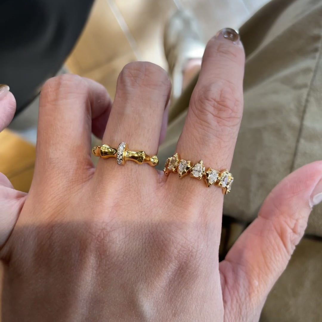 Vintage Brushed Ring Retro Full Diamond Elegant High-end Light Luxury Beaded Lace Bamboo Joint Ring for Women