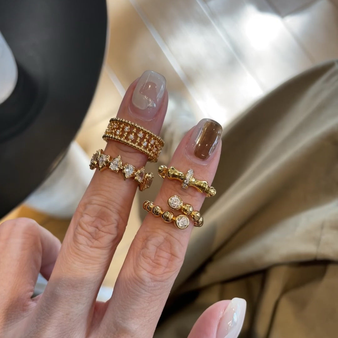 Vintage Brushed Ring Retro Full Diamond Elegant High-end Light Luxury Beaded Lace Bamboo Joint Ring for Women